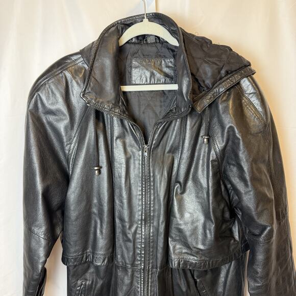 Vintage Leather Jacket Mens XL Black Hooded Drawstring Parka Coat 90s Zip Front - Picture 2 of 8